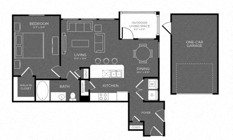 Floor plan for 1 bed, 1 bath, 783 sqft